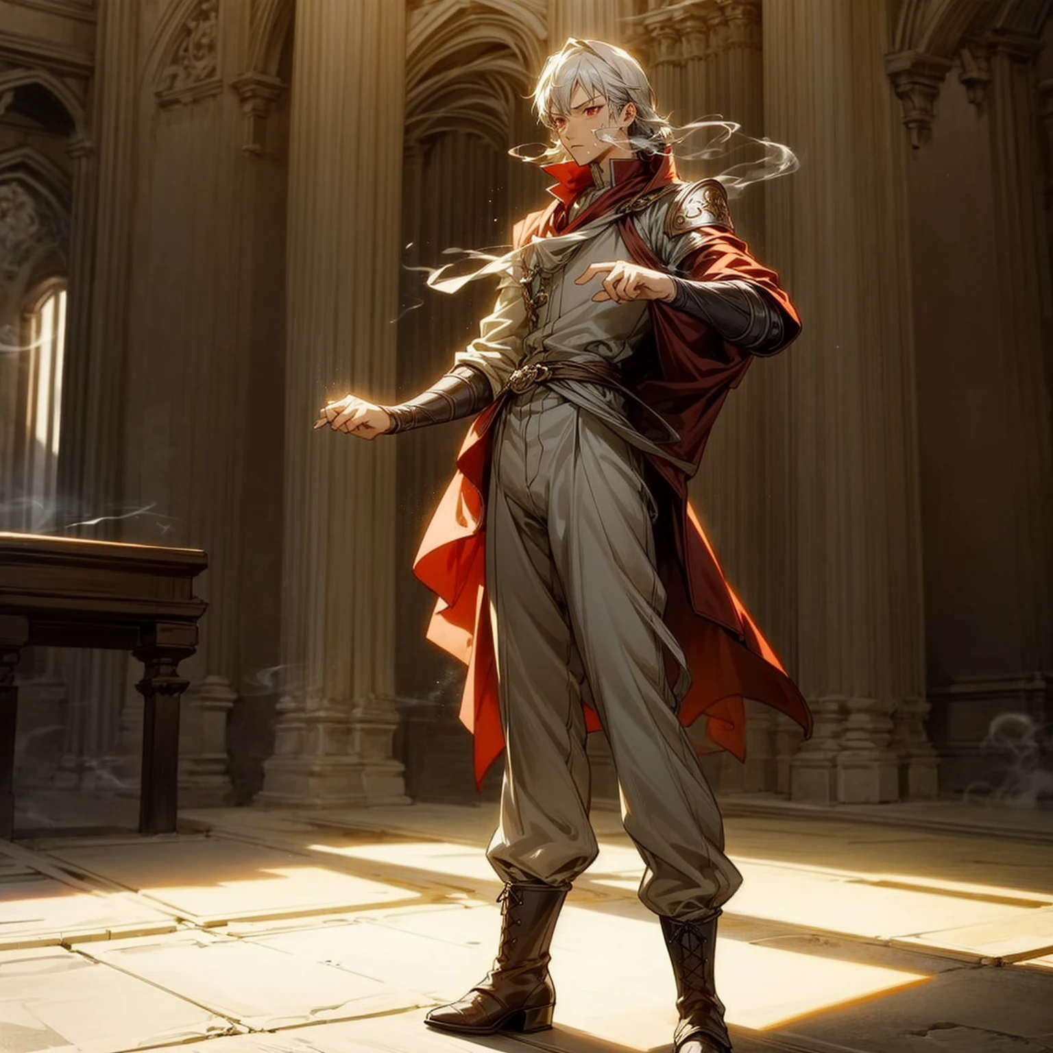 1boy, Full body version, 1character, red eyes, long haircut, silver colour hair, Ancient Roman clothing, Grassroots, background indoor Castleford, motion blur, lighting, (one piece art), standing gesture, boots, long pants, armors, smoke on hand, smoke effect on hand, smoke effect 