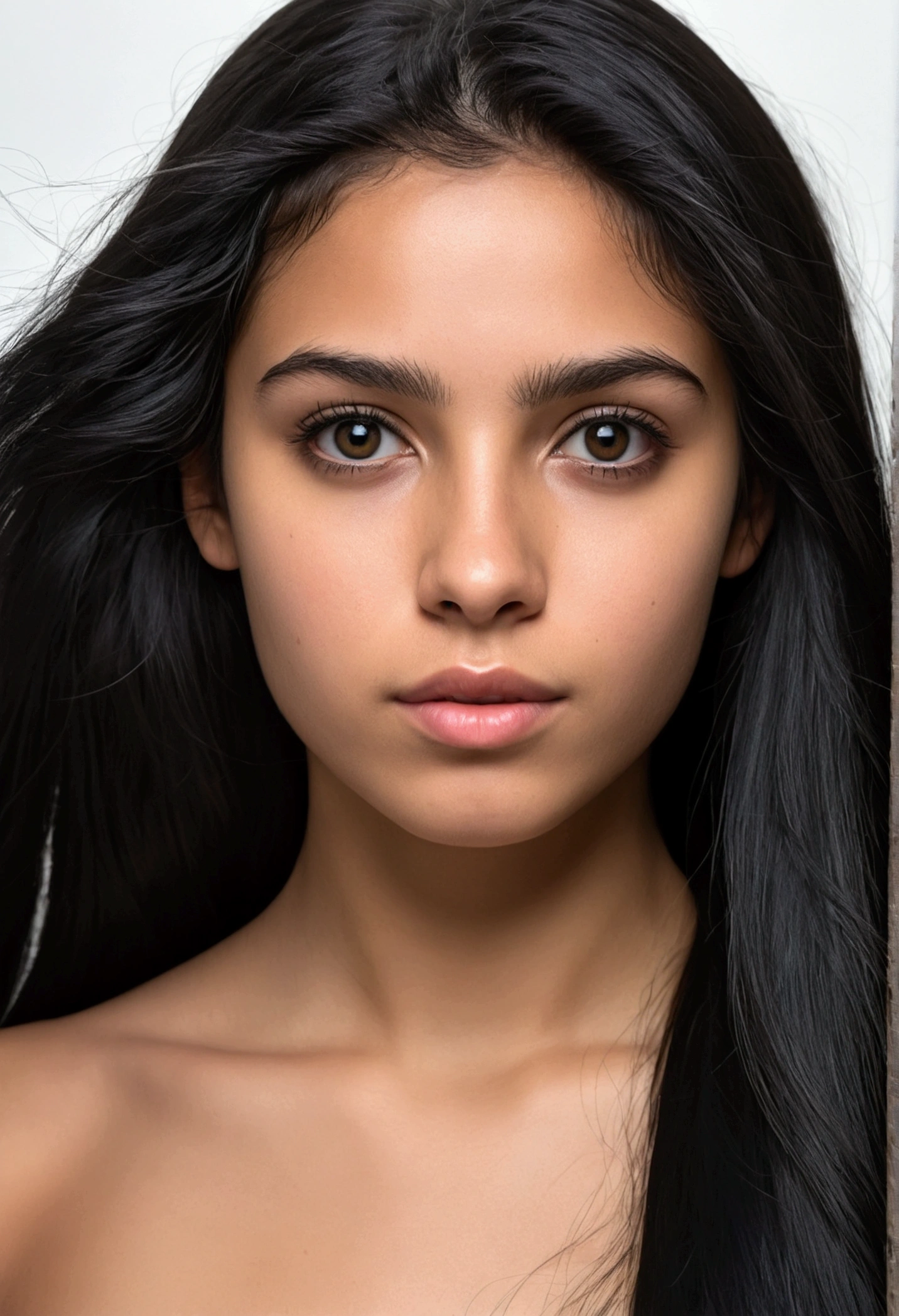 Photorealistic portrait of a 21-year-old Colombian girl with long, flowing black hair and striking dark eyes. She must have a natural, accessible expression and be ???????.