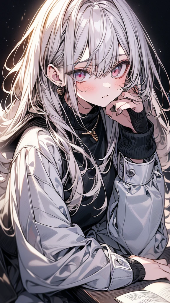 (Top resolution、Distinct_image)top-quality、(A girl) 、​masterpiece、highly detailed, half body, Semi-realistic 、18year old,
 ( white  hair ) ,young 、Exquisite facial 
An expression of shy, Shy girl,
 ,Facial features ,variation potrait, long  hair  , teenage, cool , cold sharp eyes, , {Very detailed 8k CG unit wallpaper}, students, whit oversized shirt ,library background, (black sweater on top)