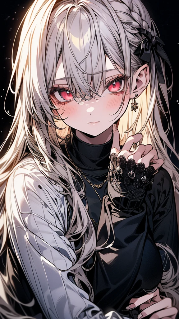 (Top resolution、Distinct_image)top-quality、(A girl) 、masterpiece、highly detailed, half body, Semi-realistic 、18year old,
( white hair ) ,young 、Exquisite facial
An expression of shy, Shy girl,
,Facial features ,variation potrait, long hair , teenage, cool , cold sharp eyes, , {Very detailed 8k CG unit wallpaper}, students, whit oversized shirt ,library background, (black sweater on top)