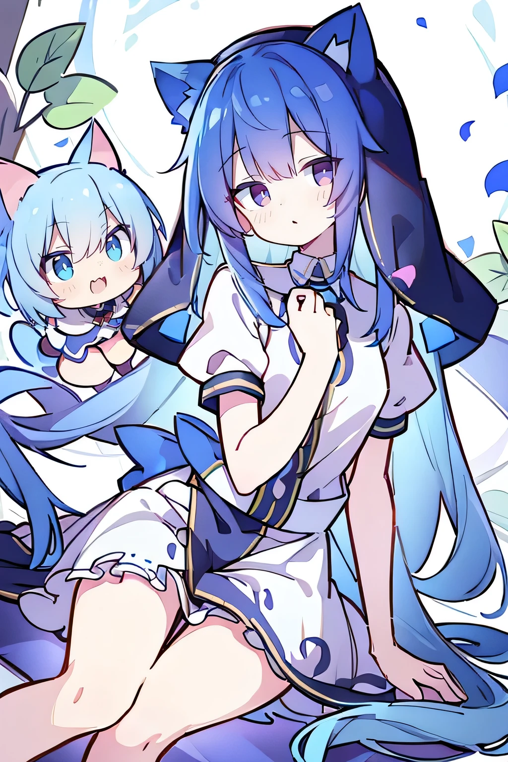 (masterpiece:1.2),Extremely detailed,Practical,expressive eyes,Fair skin,Perfect face shaping,1 Girl,
Japanese cartoons,Gorgeous blue hair, the long flowing blue hair,Floating clothes,Cat ears,Petals fall,beautiful lola,Young Angel,
Place your hands on your waist,sit elegantly on the ground,Cross your legs,Gentle and peaceful background,stately church,nun.