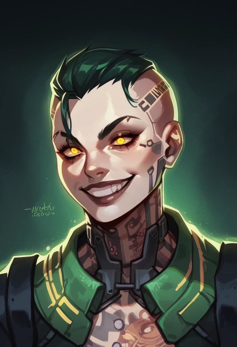 Anime Mobster, insane smile, lunatic, green buzzcut hair, glowing yellow eyes, multiple tattoos, cyborg girl, punk clothes, joint arms, facial joints