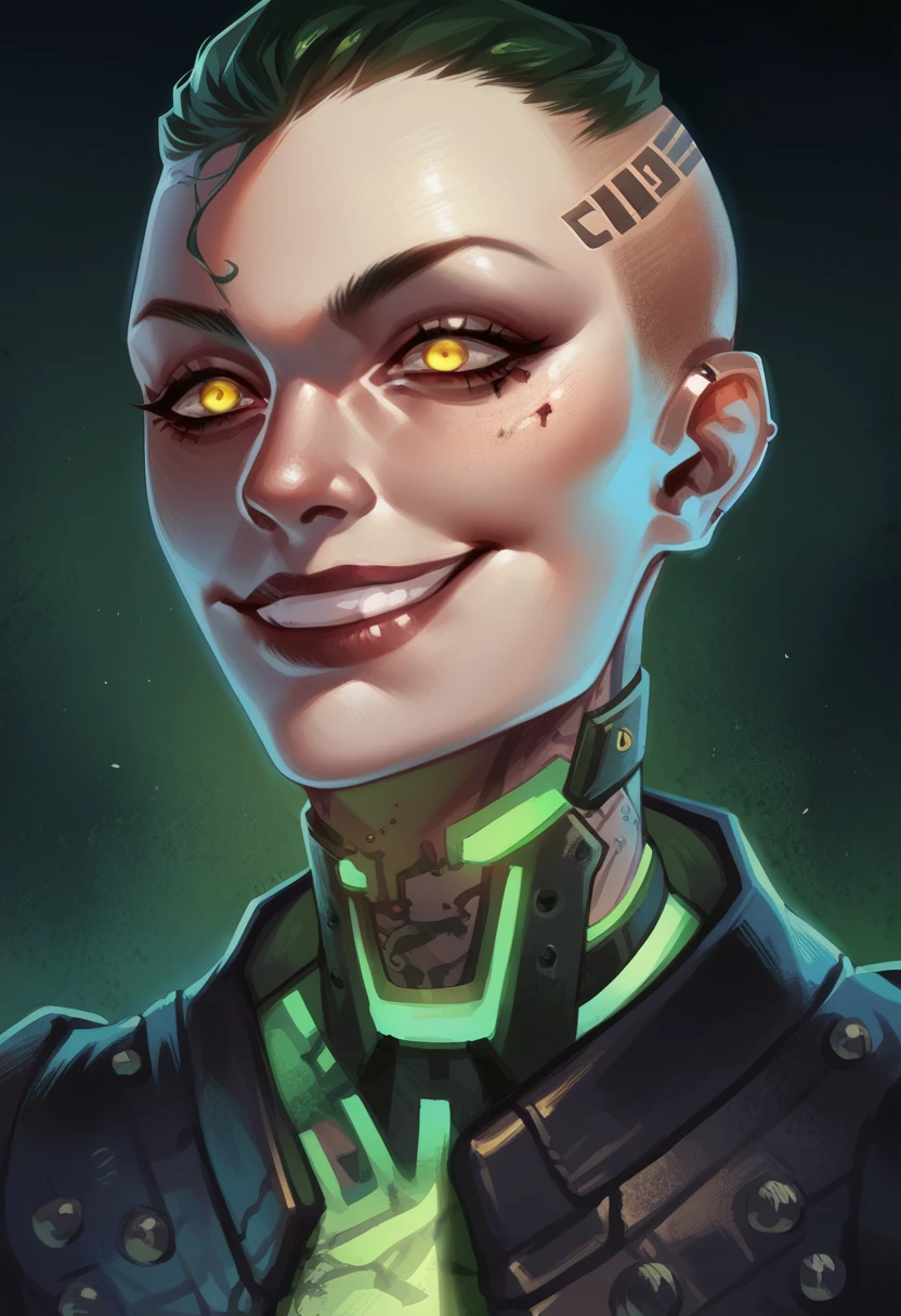 Anime Mobster, insane smile, lunatic, green buzzcut hair, glowing yellow eyes, multiple tattoos, cyborg girl, punk clothes, joint arms, facial joints