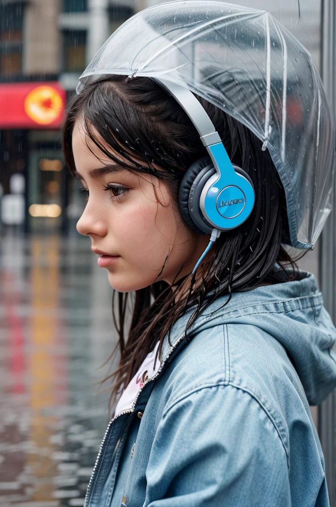 A girl listening to music with her headphones and getting wet in rain 