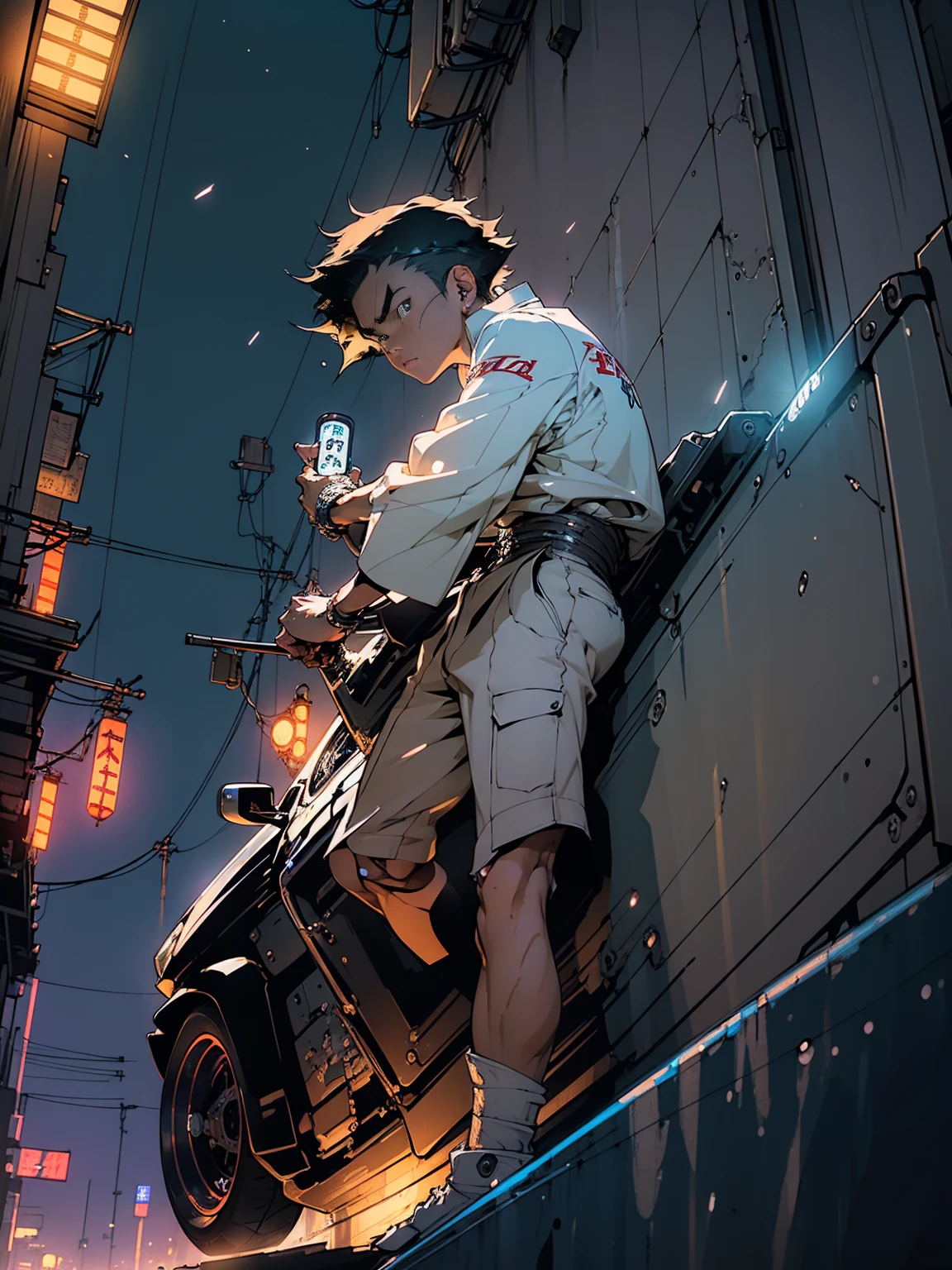 a boy in front of a sports car, city at night, japanese style, anime style, 8k, detailed, photorealistic, vibrant colors, dramatic lighting, atmospheric, cinematic, intricate background, complex architecture, clean lines, futuristic elements