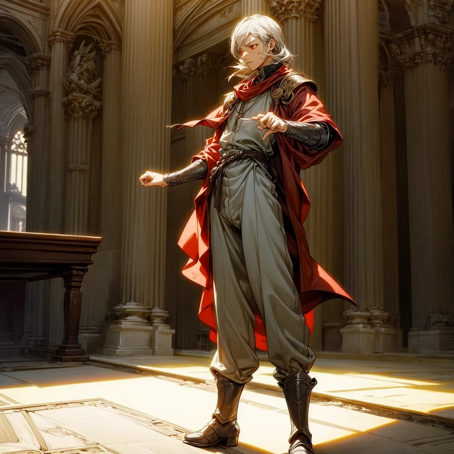 1boy, Full body version, 1character, red eyes, long haircut, silver colour hair, Ancient Roman clothing, Grassroots, background indoor Castleford, motion blur, lighting, (one piece art), standing gesture, boots, long pants, armors 