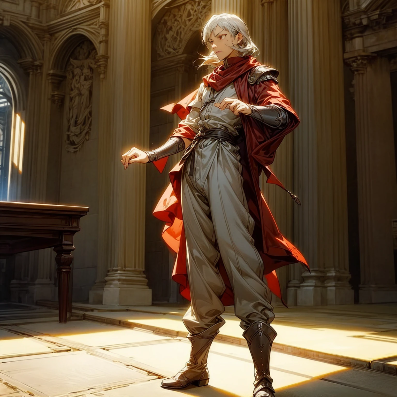 1boy, Full body version, 1character, red eyes, long haircut, silver colour hair, Ancient Roman clothing, Grassroots, background indoor Castleford, motion blur, lighting, (one piece art), standing gesture, boots, long pants, armors 