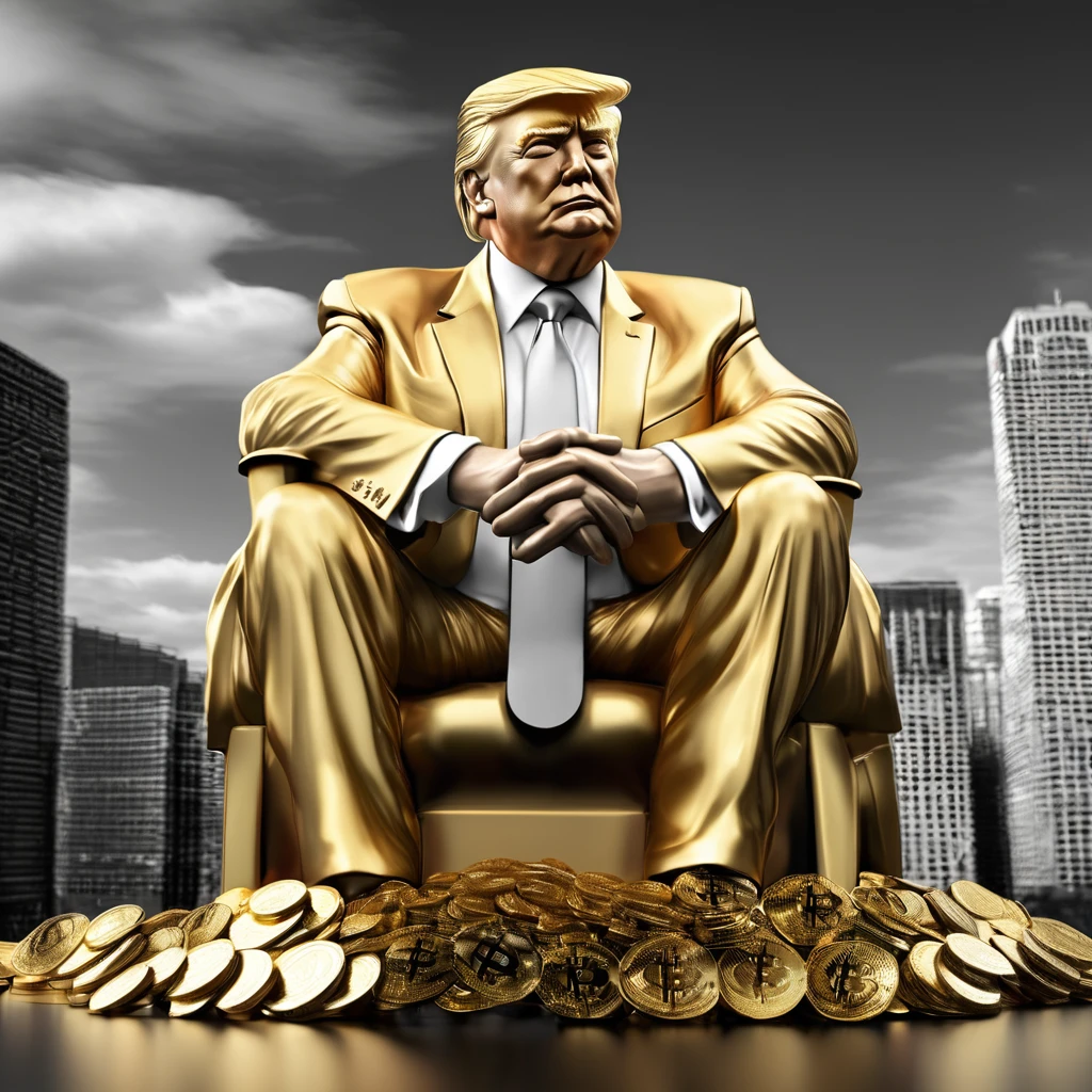 I want a stoic Donald Trump sculpture with black and white background. The image should focus on Donald Trump holding money or in a meeting and showing wealth. Must be a full body sculpture with walls or buildings in the background.. Hyper realistic wearing gold chain, several gold coins scattered on the floor.