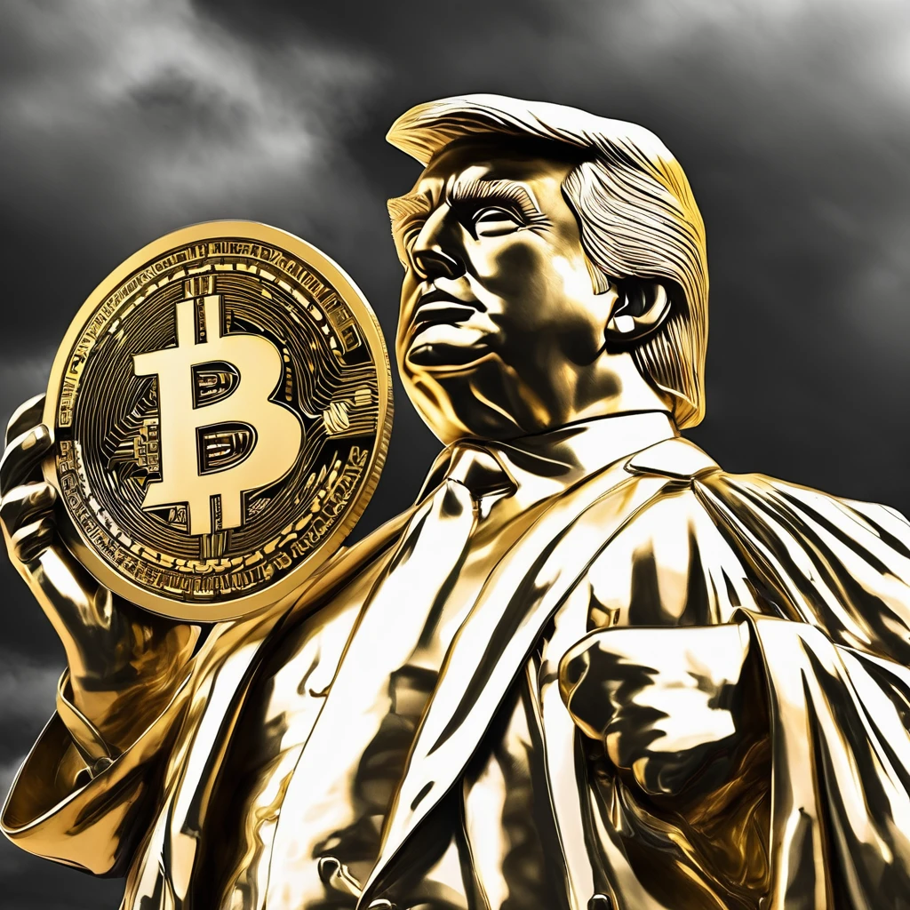 I want a stoic golden Donald Trump sculpture with black and white background. The image should focus on Donald Trump holding bitcoin coin . Must be a full body sculpture with walls or buildings in the background..