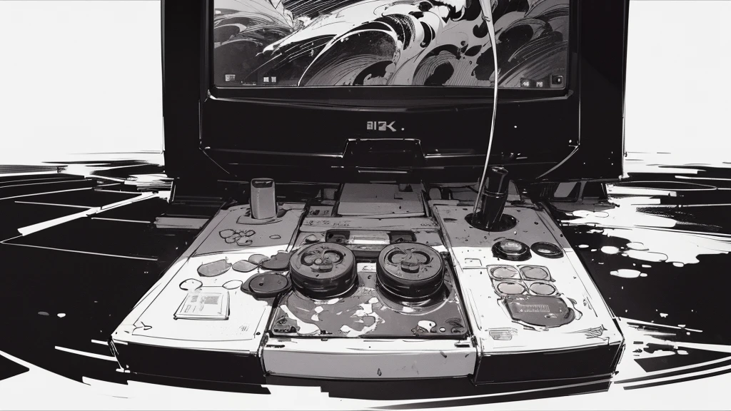 arcade stick, gaming, square pixels, arcade machine, retro, gaming controller, ink splatter, ink, black and white illustration, sketch, highly detailed, high quality, masterpiece, inky, line art, strong line art, flowing, beautiful, picturesque
