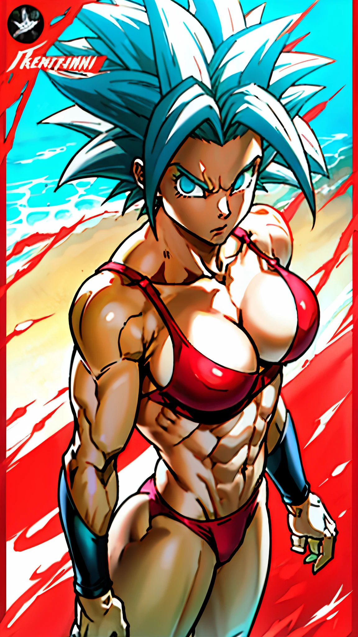 アニメ cel-shading Kefla, blue eyes, neon green hair, red bikini, on the beach in ((anime + manga + comics + cartoon) style) 