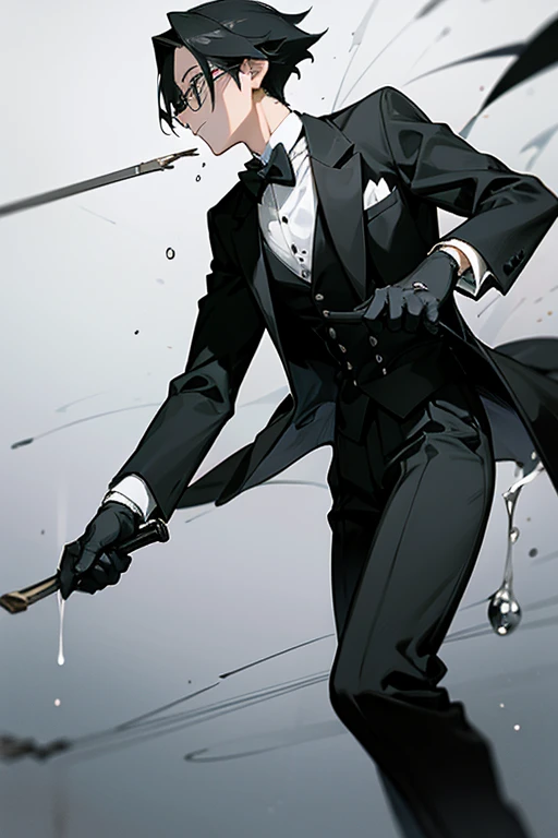 male、male性、Glasses、大柄のmale、Slender、stylish、simple、Smart Movement、grace、perfection、beautiful、Butler、Tuxedo、gloves、battle、Hunting Cutlery、Darker、Wield a knife、kill、assassination、blood droplets、disposal