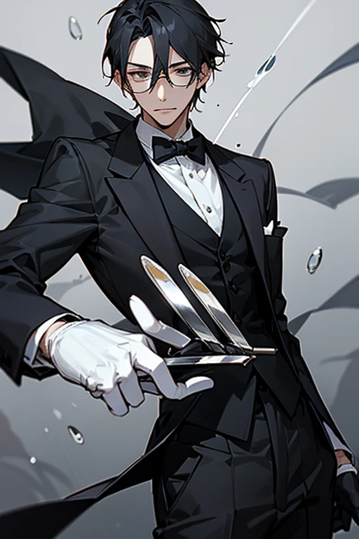 male、male性、Glasses、大柄のmale、Slender、stylish、simple、Smart Movement、grace、perfection、beautiful、Butler、Tuxedo、gloves、battle、Hunting Cutlery、Darker、Wield a knife、kill、assassination、blood droplets、disposal