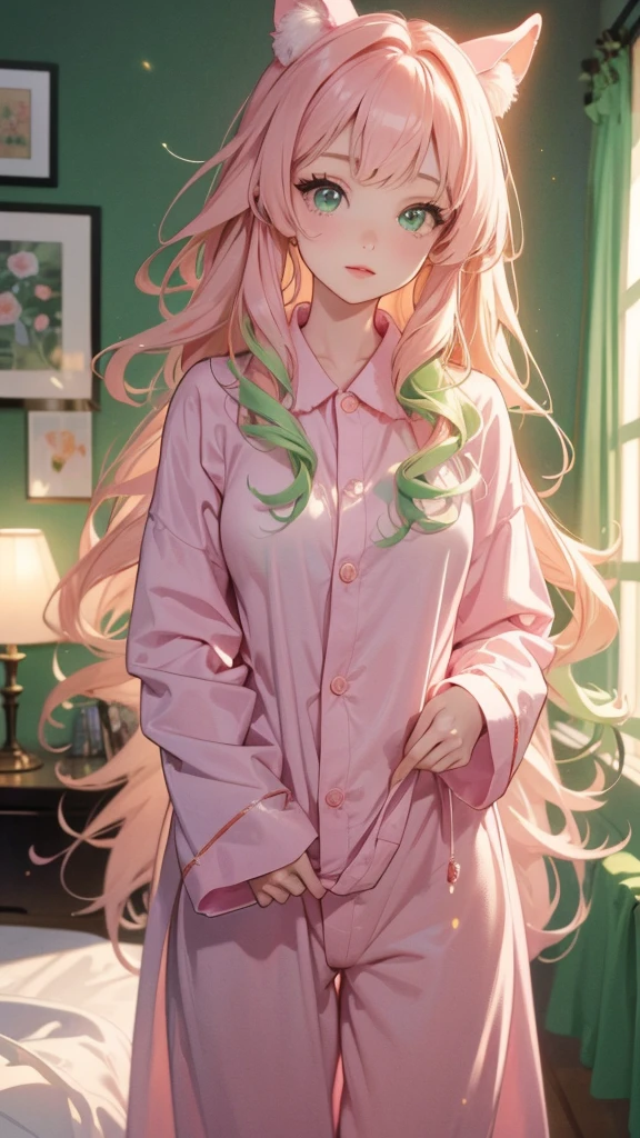 adult woman, Age 22; long hair, pretty and pink, curly hair; light yellow eyes, angelic and beautiful face with flushed cheeks, rosto ultra detaild; (( wearing cute green colored kigurumi pajamas )); best qualityer, ultra detaild, best resolution, 4K, soft strokes, role model, work of art, closes; dimly lit room in the background