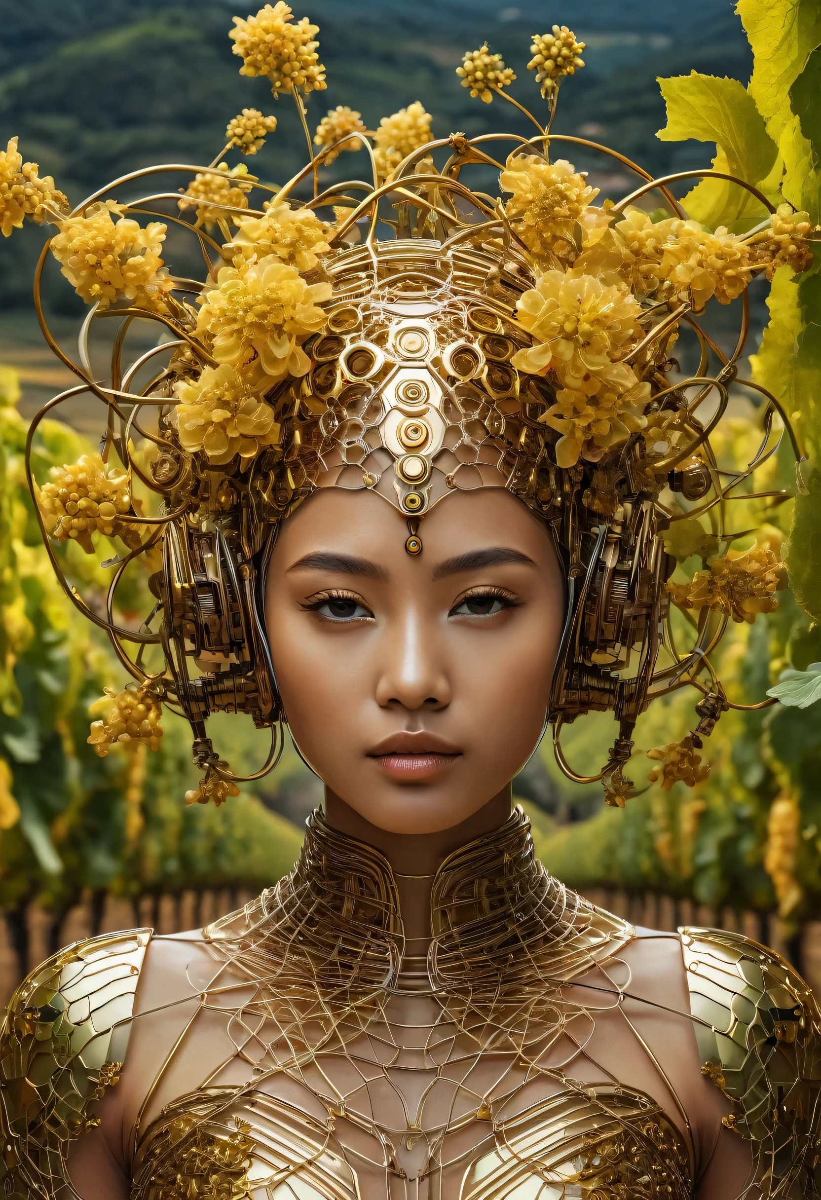 photoshot, portraite, honey cyber woman, Intricate wiring and artifacts, golden vineyards, translucent honeydew flowers, marvelous, detailed portraite, Symmetrical, highy detailed, digitalpainting, art station, conceptual artwork, Soft, sharp focus, illustration, cinematic lighting, 8k, professional photoshotgraphy