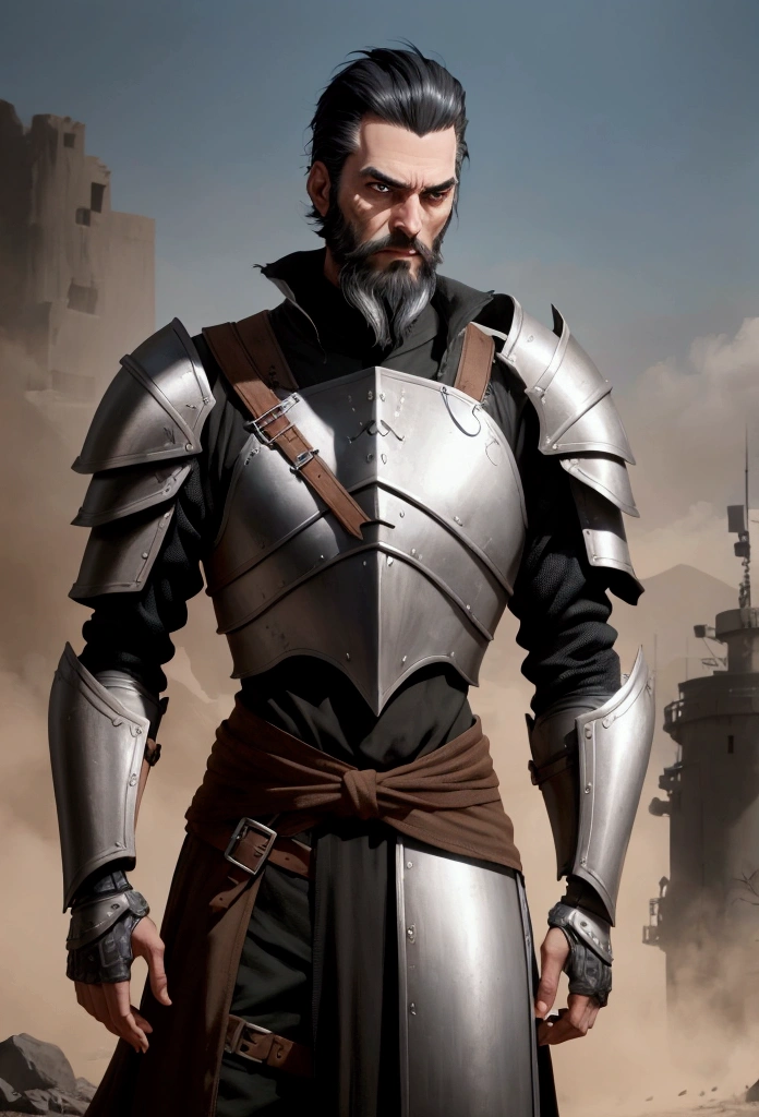 Create a tall, thin man character, with short black hair, a beard and middle age, wearing battle-damaged armor.