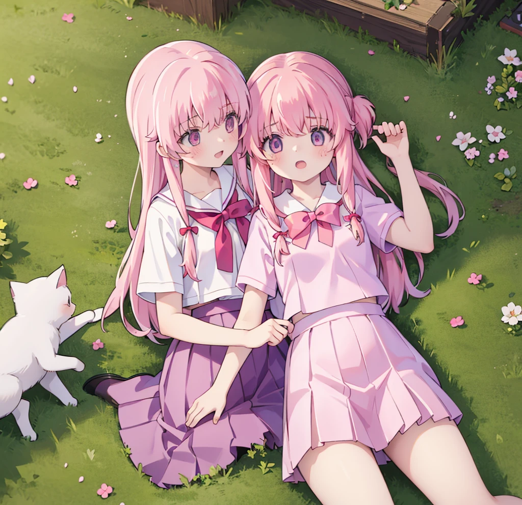 1girl,pink hair, pink eyes with love, detailed eyes, straight hair, straight bangs, shiny hair,
,red bowtie,purple skirt,purple shirt,pleated skirt,short sleeves,looking at the bottom, laughter , open mouth, forest pink sakura trees and green grass, in the middle of the forest sakura trees, laying down in the grass, cats everywhere high-definition,masterpiece, masterpiece, best quality, high resolution, aabeta, double, slim waist, cute, sailor uniform (PastelColors: 1.3)