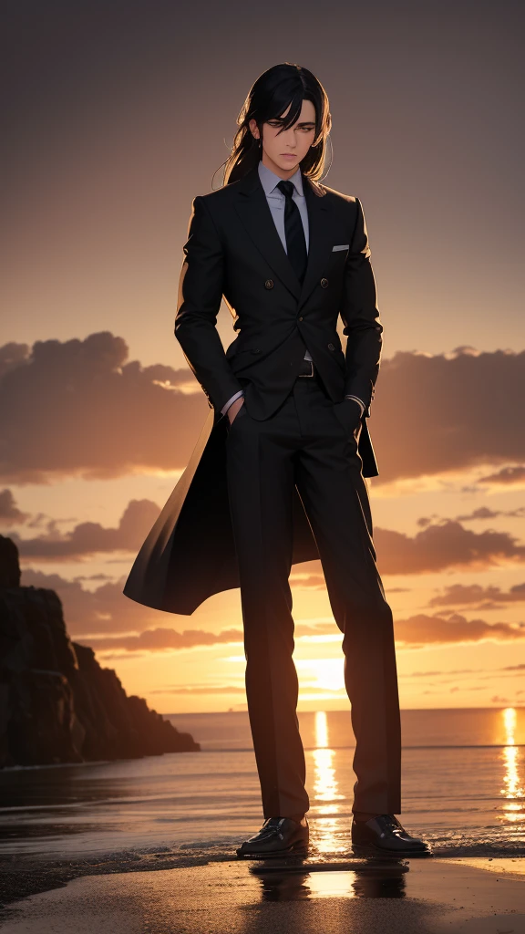In the evening light, an imposing and captivating man stands out on the horizon. Its appearance is that of a high-end model, with a muscular and perfectly sculpted body that exudes strength and elegance. Her hair, a golden curl that shines under the last rays of the sun, frames her impeccable face. her blue eyes, deep and bright, They are bordered by long eyelashes that add a touch of delicacy to your look. Her lips, perfectly formed and elegant, along with his straight and masculine nose, They complete a face that seems sculpted by the gods.

Coming from a millionaire family, His bearing and presence reflect his privileged origin. His face is the image of perfection, and his height of 195 cm makes him even more impressive. Today he wears a black suit, luxurious and expensive, that fits your body like a second skin, accentuating every muscle and line of your athletic figure.

However, in this moment of apparent serenity, her eyes are full of tears, and his look, lost on the horizon, reveals an internal storm. Despite the impeccable appearance and luxurious life, something deep and painful lives inside. While watching the sunset, His expression shows a mixture of sadness and reflection., a vulnerability that rarely allows others to see.

The sunset scene reflects your emotional state: the beauty of the sky in transition contrasts with the storm in your soul, creating an image as powerful as it is melancholic. through your tears, a man is perceived who, although surrounded by wealth and success, face your own demons, perhaps searching for a moment of peace or an answer in the vastness of twilight.