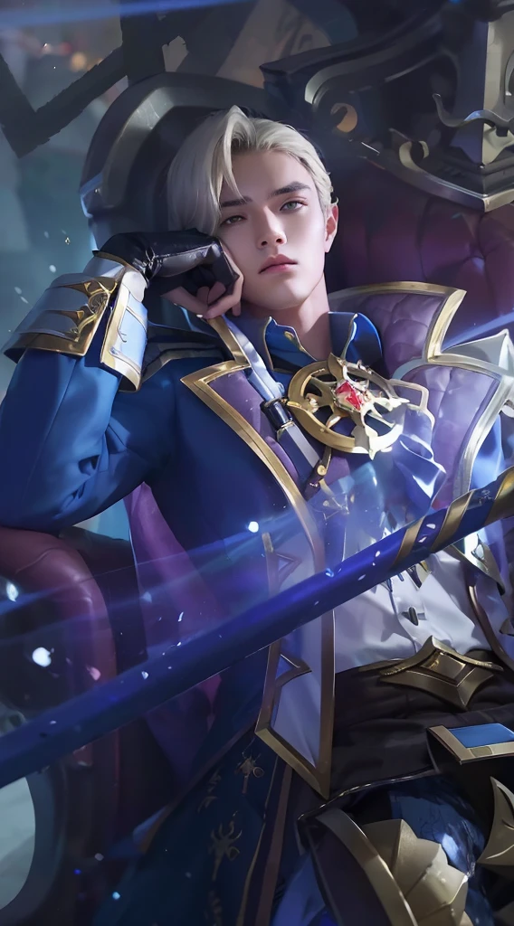 In the image, a male character is depicted in a fantasy setting. He is wearing a blue and gold armor, and has a sword on his hip. He is sitting on a purple throne and looking off to the side with a contemplative expression.