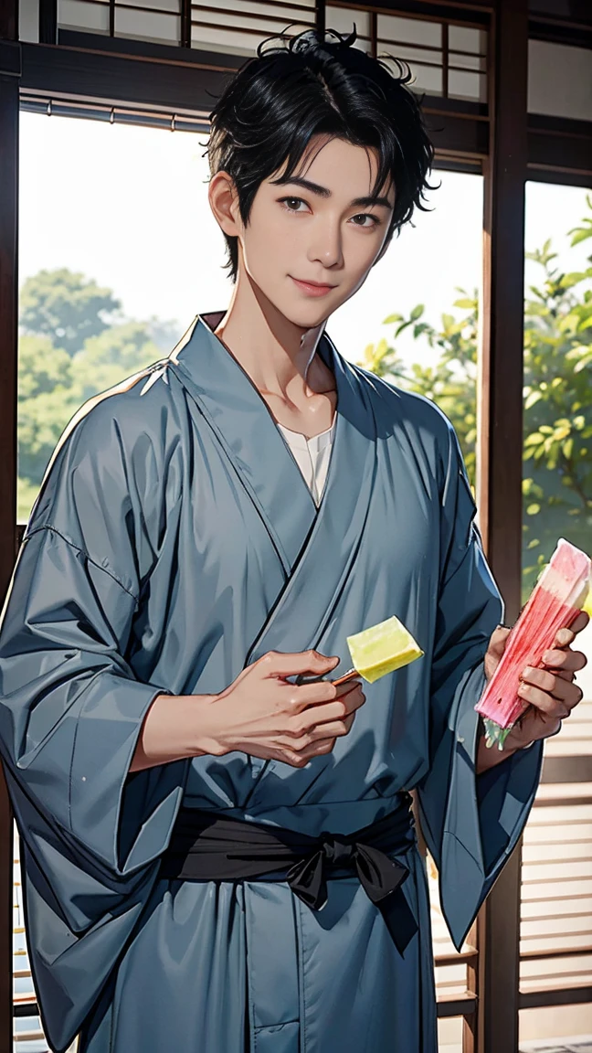 Japanese men、Black Hair、Short Hair、handsome man、30 years old、Handsome、Height: 180 cm、Wearing a gray yukata、Holding an ice lolly in his hand。Smiling and laughing、Two on the cheek、There are three drops of sweat、