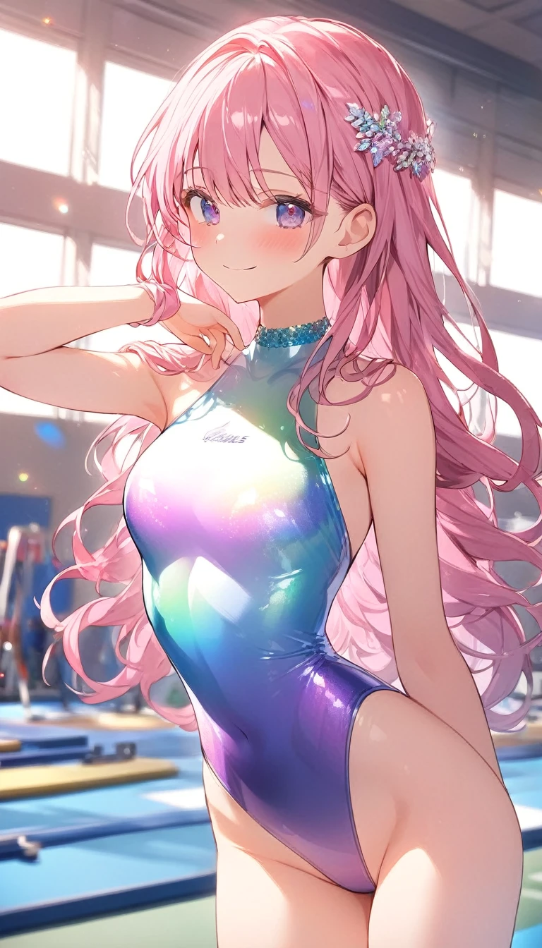 highquality illustration, masterpiece, very delicate and beautiful, attractive girl,(gymnastics leotard,long sleeve leotard with glittery decoration,high_leg leotard,athletic leotard,tight-fit leotard,iridescent gradient leotard,long-sleeve leotard),thin,slender body,slim,high school,gymnasium background,gymnastics club,gymnastics athlete,princess, beautiful eyes,light smile,(masterpiece, best quality:1.2), highres, extremely detailed CG unity 8k wallpaper, perfect lighting, Colourful, ultra-high res,4K,ultra-detailed, photography, 8K, HDR, 17 ages,cowboy shot,