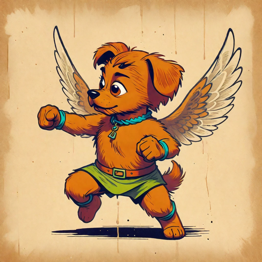 1960s design, vintage retro scrappy doo, screen grab Scooby Doo TV show, solid color design, 1960's Scooby Doo color style, expressive sketch bold ink lines, upright fists up to box, fighting stance, splash page comic, distinct scrappy doo design and iconic resemblance to the character scrappy doo, alone solo Scrappy Doo, flying, with wings, winged scrappy doo, ornate detailed feathers on wings, clearly scrappy doo, short small dog Scooby Doo distinct to original cartoon, scene is minimal, serene, perfect, strange, candid, cinematic, surreal, and timeless. The style is a mix of realism and cartoon, with 90s comic aesthetics, expressive ink work, cinematic compositions, and nuanced details. The style is reminiscent of Joelle Jones and 90's scooby doo animated tv show, scooby doo distinct art style,