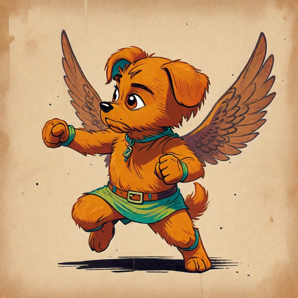 1960s design, vintage retro scrappy doo, screen grab Scooby Doo TV show, solid color design, 1960's Scooby Doo color style, expressive sketch bold ink lines, upright fists up to box, fighting stance, splash page comic, distinct scrappy doo design and iconic resemblance to the character scrappy doo, alone solo Scrappy Doo, flying, with wings, winged scrappy doo, ornate detailed feathers on wings, clearly scrappy doo, short small dog Scooby Doo distinct to original cartoon, scene is minimal, serene, perfect, strange, candid, cinematic, surreal, and timeless. The style is a mix of realism and cartoon, with 90s comic aesthetics, expressive ink work, cinematic compositions, and nuanced details. The style is reminiscent of Joelle Jones and 90's scooby doo animated tv show, scooby doo distinct art style,
