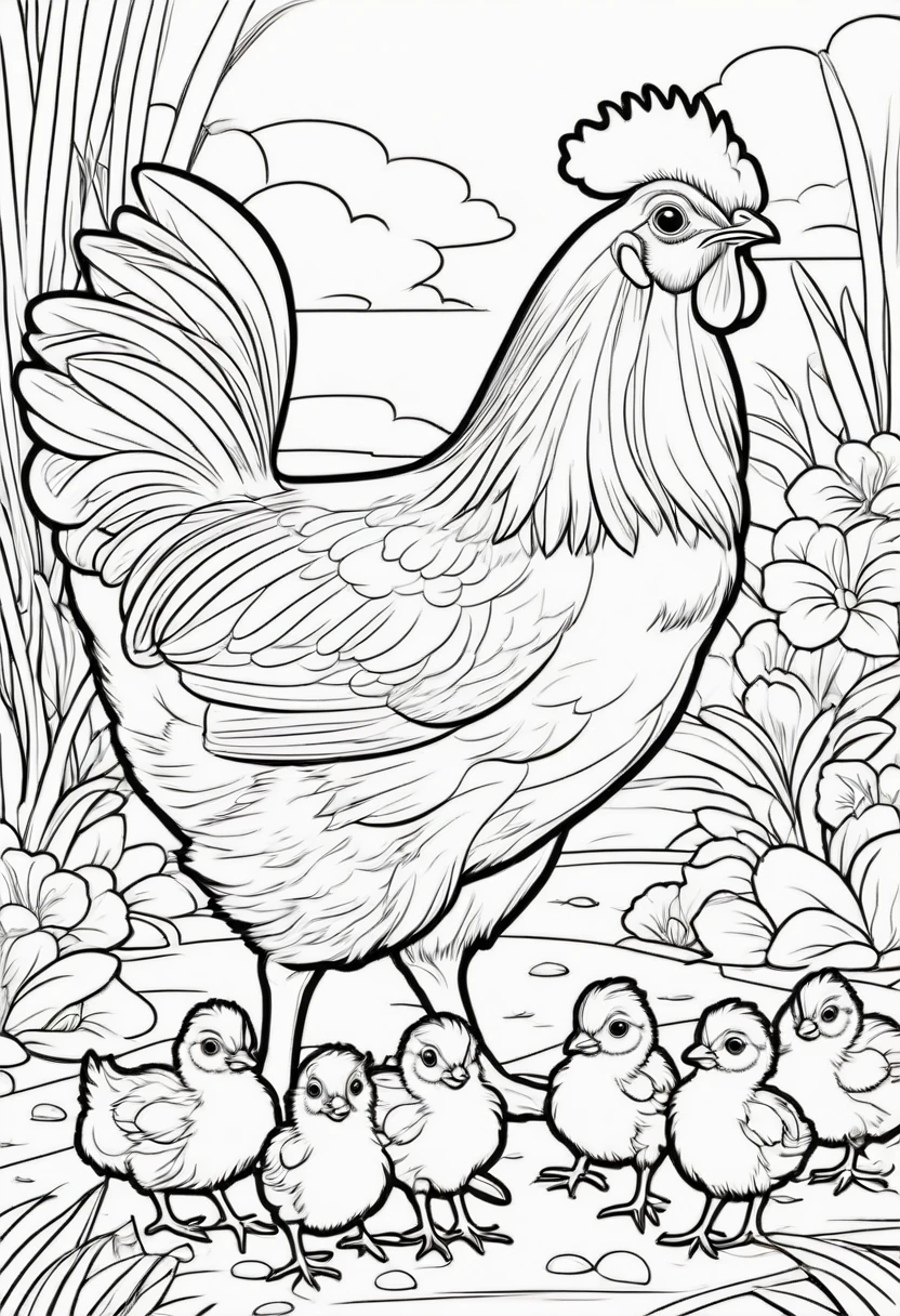 coloring page for , Hen with chicks pecking at the ground, cartoon style, thick lines