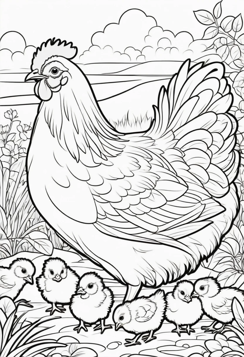 coloring page for kids, Hen with chicks pecking at the ground, cartoon style, thick lines