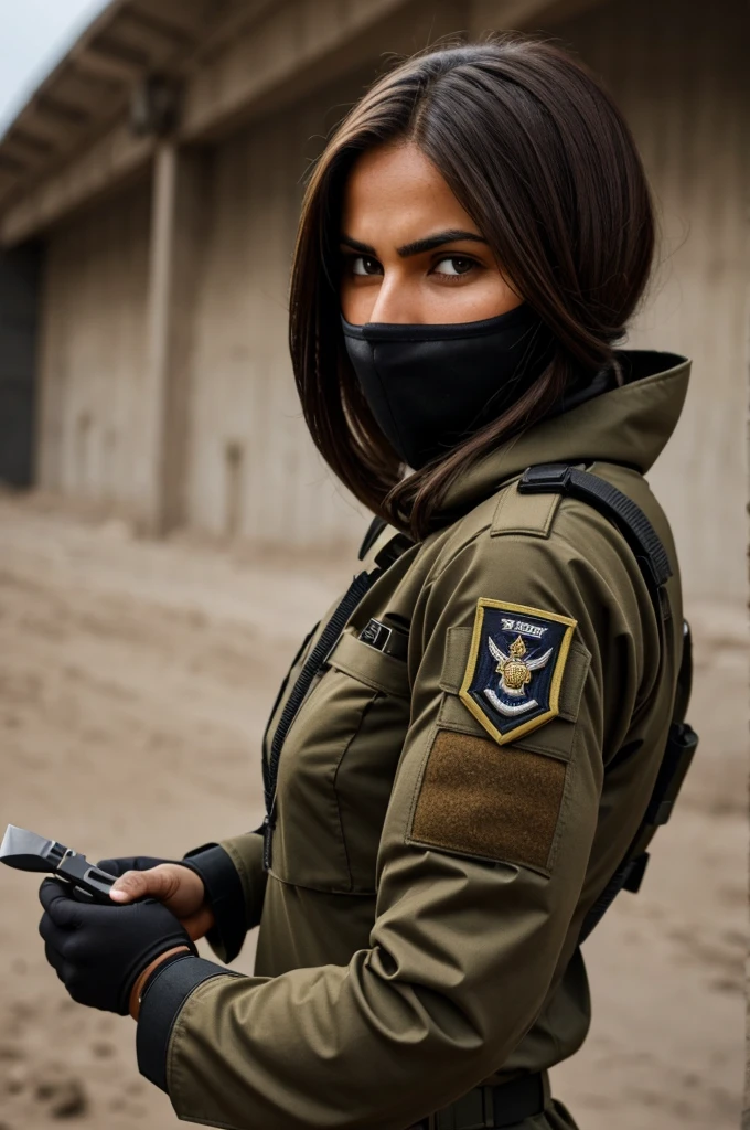 Military woman with tactical suit. tez morena, Round face, long brown hair, half of his face is hidden by a balaclava. He carries a touch knife in his hand.