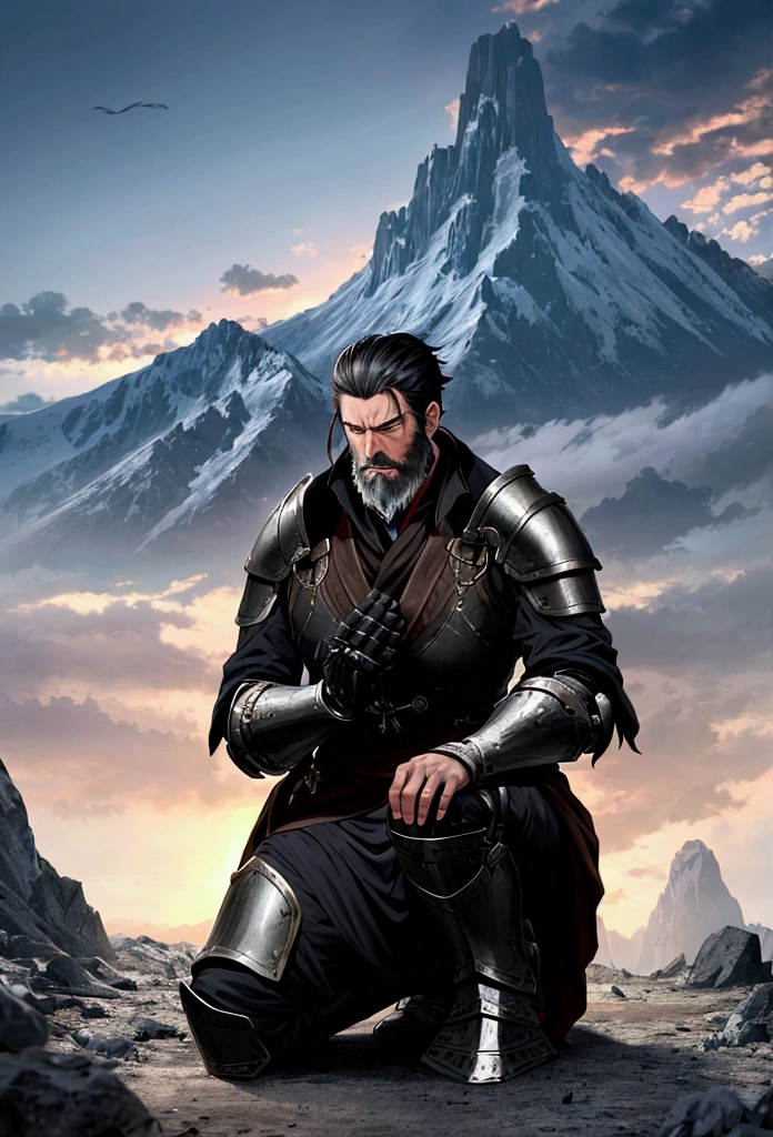 Create a tall, thin man character, with short black hair, a beard and middle age, wearing battle-damaged armor. The man is praying with one knee on the ground, it is twilight and there is a tree next to him, the man is on top of a mountain. In the background create mountains, forests, heavy clouds leaving an opening for sunlight, place some birds to compose the sky.