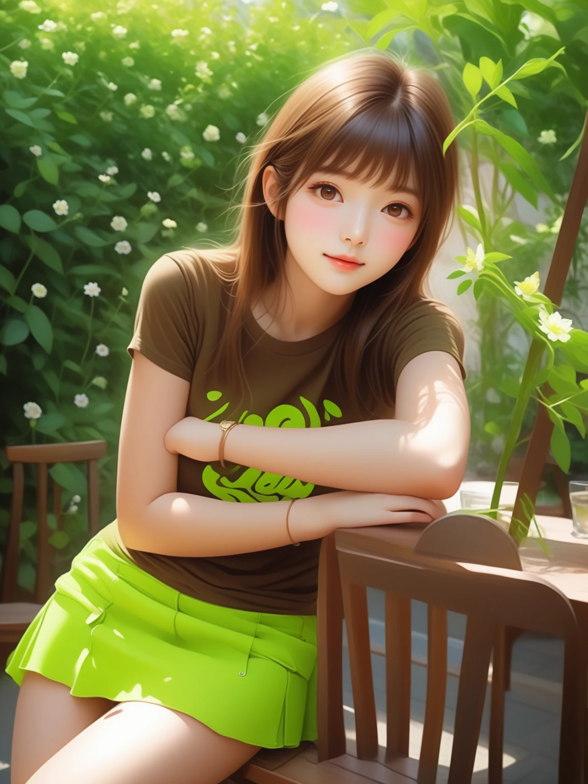 realistic anime illustration of pretty young woman sitting in outdoor cafe, touching chair, flowers behind her, (she wearing brown t-shirt, lime-green mini skirt), (1girl, solo,full body), (masterpiece, best quality, Japanese anime style), BREAK, ( brown t-shirt, lime-green mini skirt)