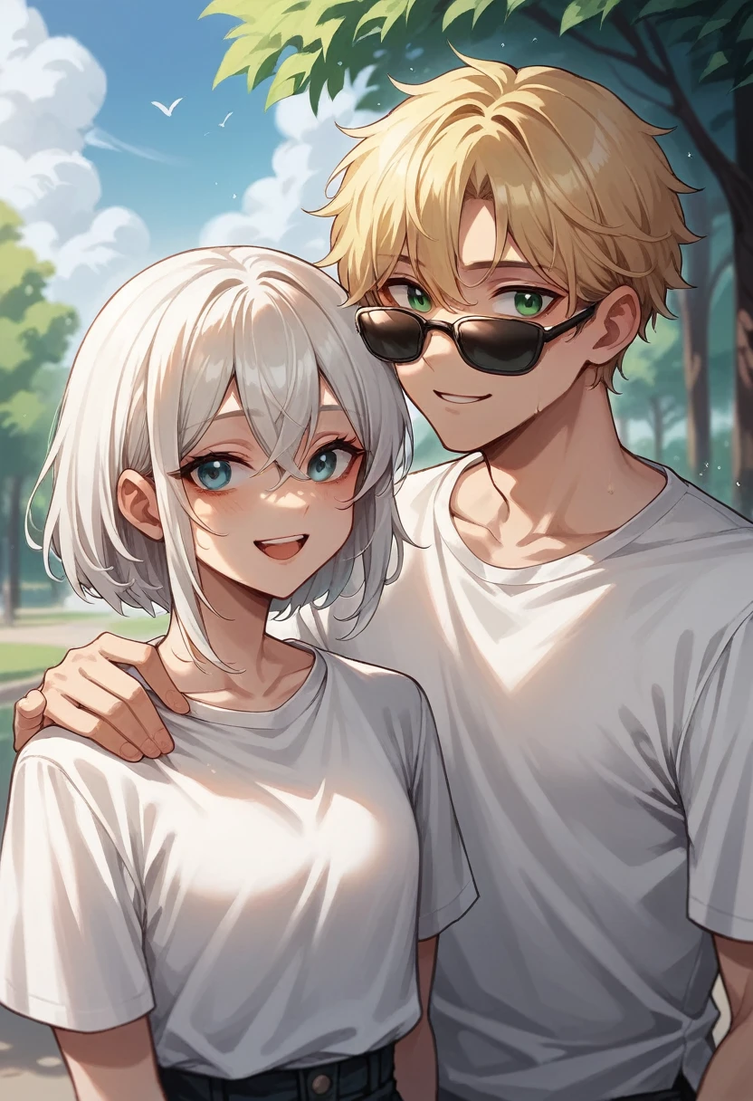 Young man with white hair and blue eyes, wearing dark sunglasses, next to a blonde girl with green eyes without glasses, hugged, happy couple, with park background, Modern clothing.