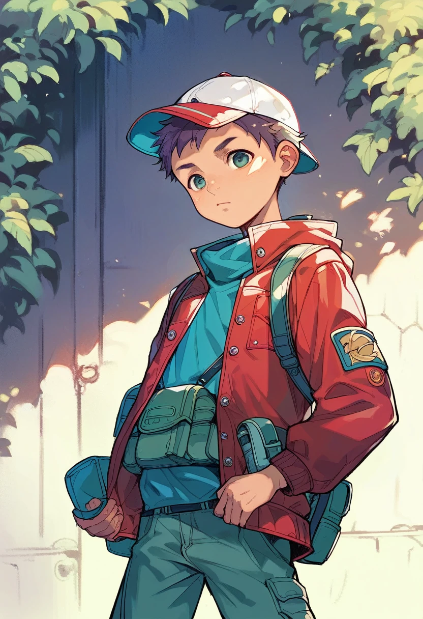 (((Masterpiece))), best quality, cowboy shot, perfect anatomy, realistic face, outdoors, sunny, warm sunlight, painterly 1boy, (((shota))), solo, red jacket, three quarter view, cap, fanny pack