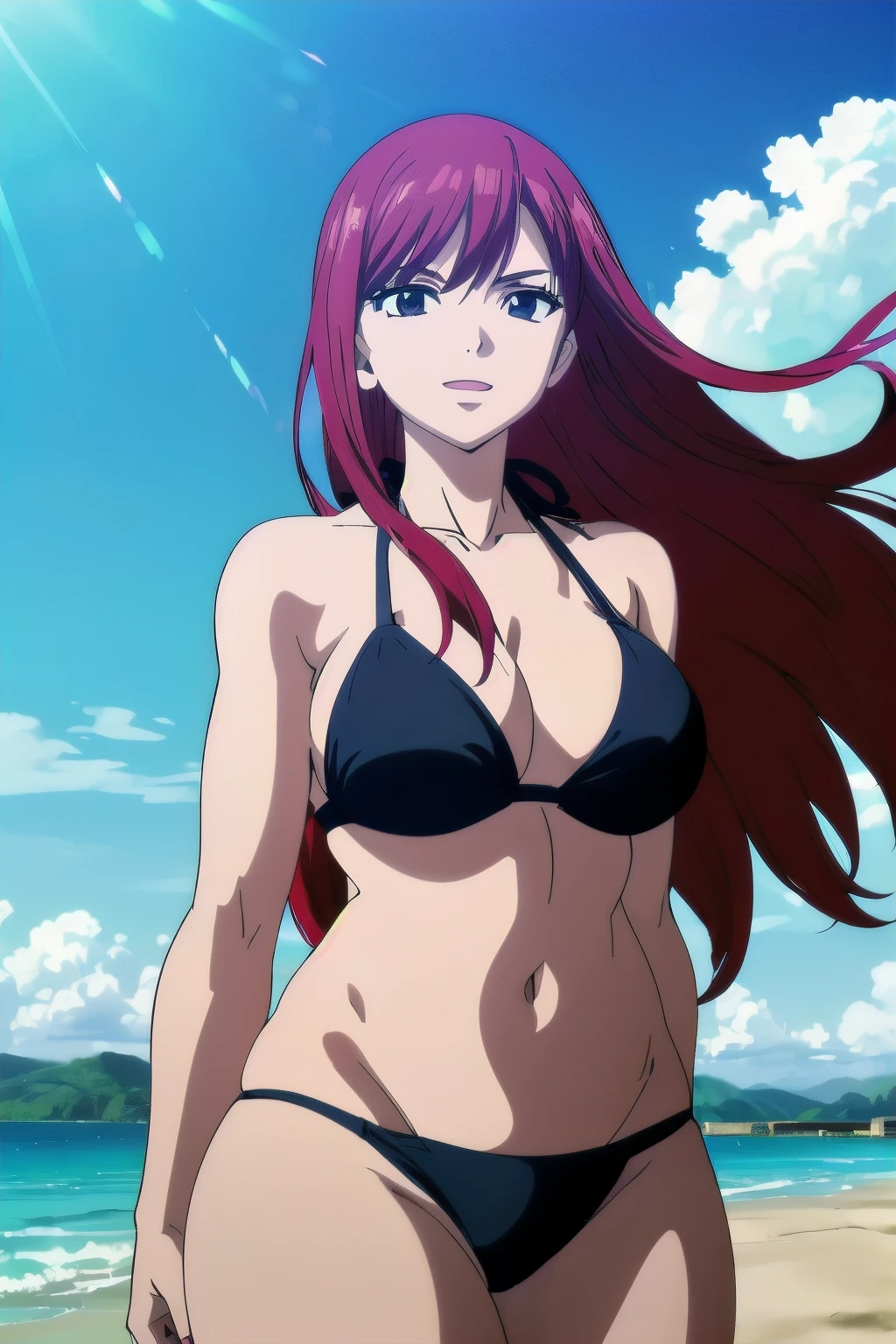 (black bikini only:1.6), groin, (vibrance:1.3), (beach during day time:1.4), windy, ultra detailed face, perfect anatomy, (cowboy shot:1.6), from front, standing, ultra detailed body and face, (thick arms:1.6), perfect body proportions, highest quality, 1girl, solo, (very little biceps) , smile, ERZASCARLET, BARE SHOULDERS, (big breasts:1.2) cleavage, off-shoulder, tall girl, (long hair:1.7), (free flowing hair:1.4), (floating hair:1.7), ultra detailed red hair, open mouth, big eyes, long belly, wide shoulders, beach, For the image quality, please prioritize (best quality, highres, masterpiece:1.8), itional prefixes