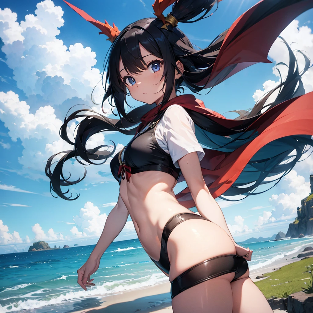 masterpiece, best quality, chitanda_eru, long_hair, closed mouth, big boobs, looking at viewer, bikini, smile, solo, upper body, beach, blue sky, ocean, lens flare abuse