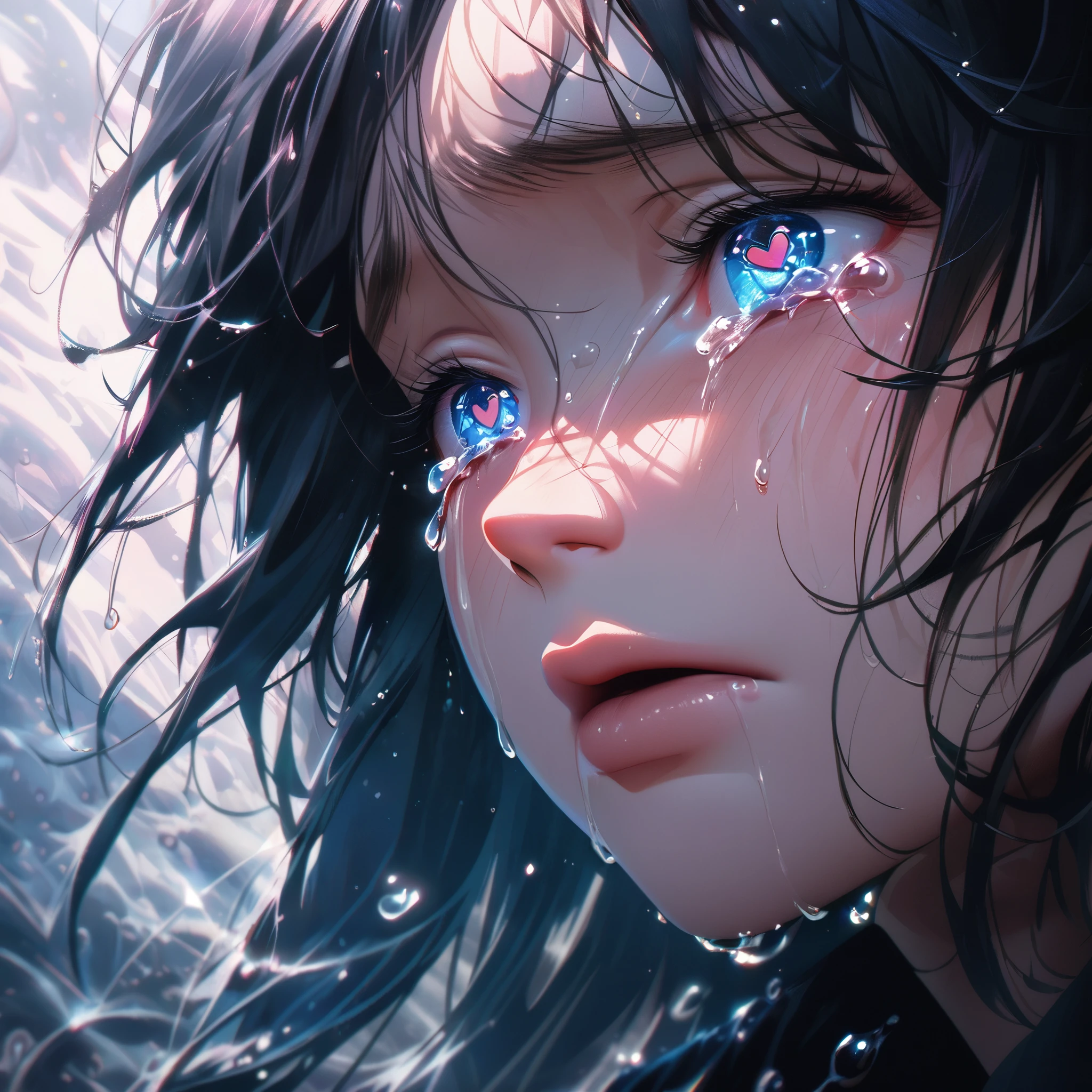 crying,aesthetic,extremely detailed,teary eyes,rosy cheeks,soaked lashes,emotional expression,intense sadness,dripping tears,true-to-life textures,highly refined details,dramatic lighting,seamless blending of colors,vibrant hues,artistic composition,layered brushstrokes,emotive brushwork,realistic water droplets,breathtaking realism,masterful craftsmanship,haunting beauty,evocative atmosphere,highly emotional scene,silent sorrow,stark contrast,moody ambiance,endless depth,luminous glow,shimmering highlights,subtle shadows,intimate close-up,precise contours,striking emotion,fluid brush movements,touching portrayal,painstaking attention to detail,aesthetically pleasing,heart-wrenching,deeply moving artistry