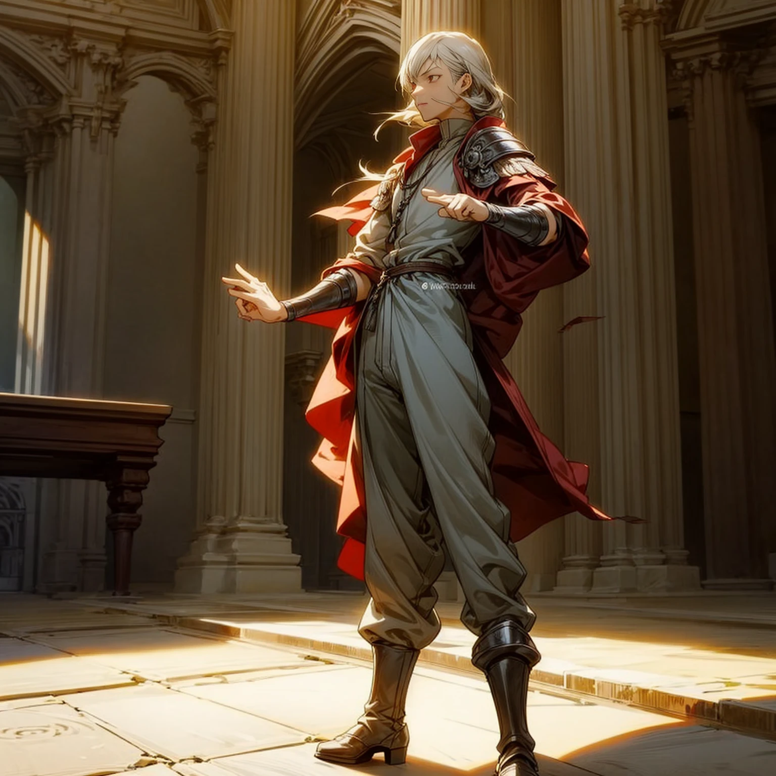 1boy, Full body version, 1character, red eyes, long haircut, silver colour hair, Ancient Roman clothing, Grassroots, background indoor Castleford, motion blur, lighting, (one piece art), standing gesture, boots, long pants, armors 