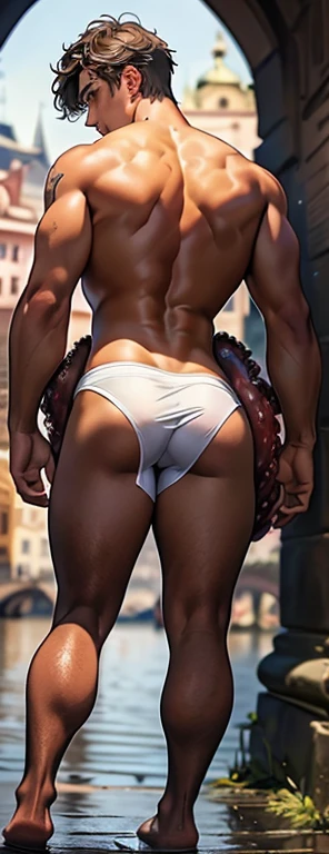 masterpiece, a high resolution, (Male focus), (1 boy, slim, 20 years, Spanish, , short hair, Brown hair, On the Charles Bridge in Prague ),  mini shorts exposed ass, Anatomically correct, shiny skin, fair skin, Shiny skin, Shiny lips, (embarrassed look: 1.2), boy, 20 years old, Flashback shot of rear loam, Low angle, Low angle, from behind, Beautiful, loose and wrinkled white panties, Torn edges, torn on the buttocks, , looking back, Curious, Close-up, 8K, HDR His body is greedily explored by wet tentacles,  nice ass, open panties、disheveled clothes