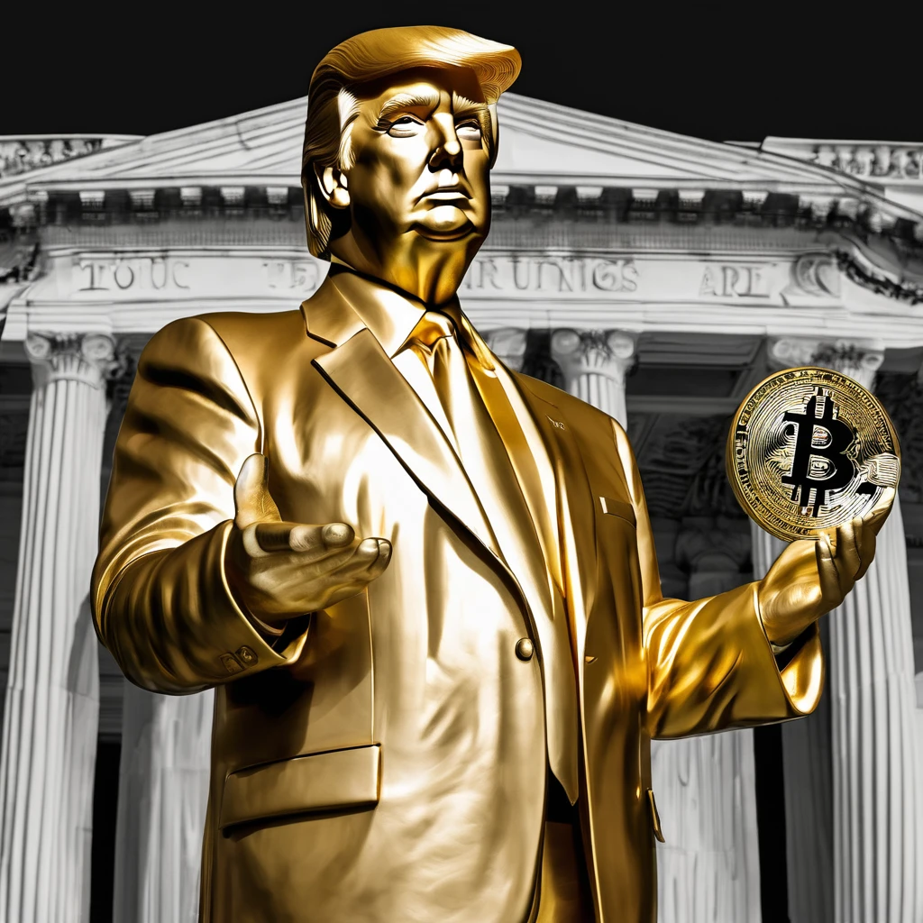I want a stoic golden Donald Trump sculpture with black and white background. The image should focus on Donald Trump holding bitcoin coin . Must be a full body sculpture with walls or buildings in the background.. 


