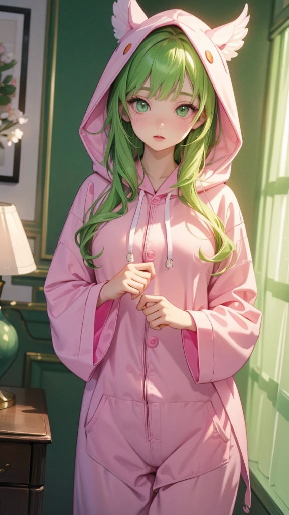 adult woman, Age 22; long hair, pretty and pink, curly hair; light yellow eyes, angelic and beautiful face with flushed cheeks, rosto ultra detaild; (( wearing cute green colored kigurumi pajamas with hood )); best qualityer, ultra detaild, best resolution, 4K, soft strokes, role model, work of art, closes; dimly lit room in the background