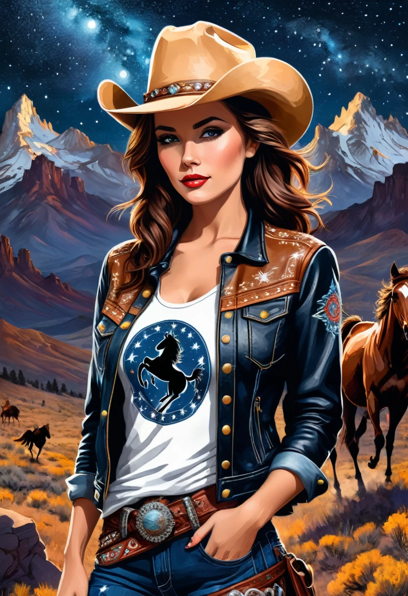 A striking modern t-shirt design featuring a bold and rebellious cowgirl, with a bandana covering her face, standing proudly against a backdrop of a starry night sky and rugged mountains. She dons a worn leather jacket, a lasso slung over her shoulder, and a wild horse galloping in the background, adding to the Western vibe. The phrase "Western Rebel" is prominently displayed in decorated, eye-catching fonts, emphasizing her strength and independence. The overall design is dark and vibrant, perfect for those who embrace the spirit of the Wild West.