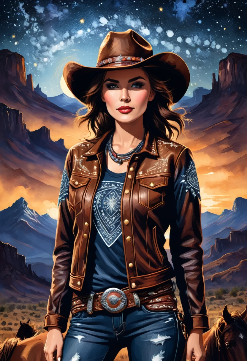 A striking modern t-shirt design featuring a bold and rebellious cowgirl, with a bandana covering her face, standing proudly against a backdrop of a starry night sky and rugged mountains. She dons a worn leather jacket, a lasso slung over her shoulder, and a wild horse galloping in the background, adding to the Western vibe. The phrase "Western Rebel" is prominently displayed in decorated, eye-catching fonts, emphasizing her strength and independence. The overall design is dark and vibrant, perfect for those who embrace the spirit of the Wild West.