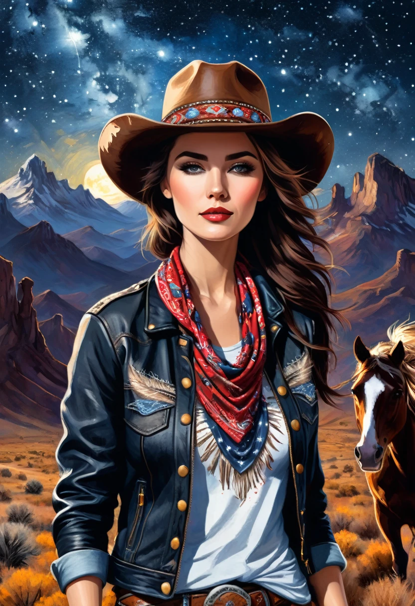 A striking modern t-shirt design featuring a bold and rebellious cowgirl, with a bandana covering her face, standing proudly against a backdrop of a starry night sky and rugged mountains. She dons a worn leather jacket, a lasso slung over her shoulder, and a wild horse galloping in the background, adding to the Western vibe. The phrase "Western Rebel" is prominently displayed in decorated, eye-catching fonts, emphasizing her strength and independence. The overall design is dark and vibrant, perfect for those who embrace the spirit of the Wild West.