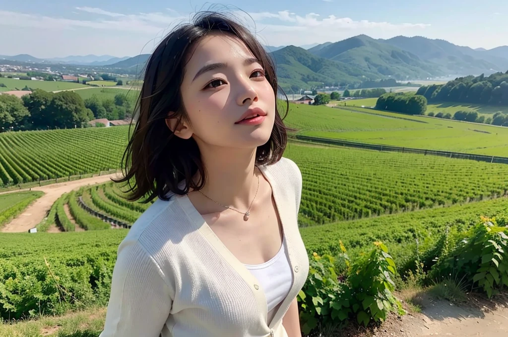8k best picture quality, Beautiful 36-year-old Korean woman, northern italy countryside dawn, View of the cathedral next to the vineyards, The back background is realistic and vivid quality., short medium hair, A high-quality white T-shirt that covers the chest and a short cardigan, Wear casual pants, Smile slightly. the background is clear, looking up at the front camera. Standing on a hill on a trail and looking at a foggy vineyard, Dress modestly, There is a thick fog in the early morning.