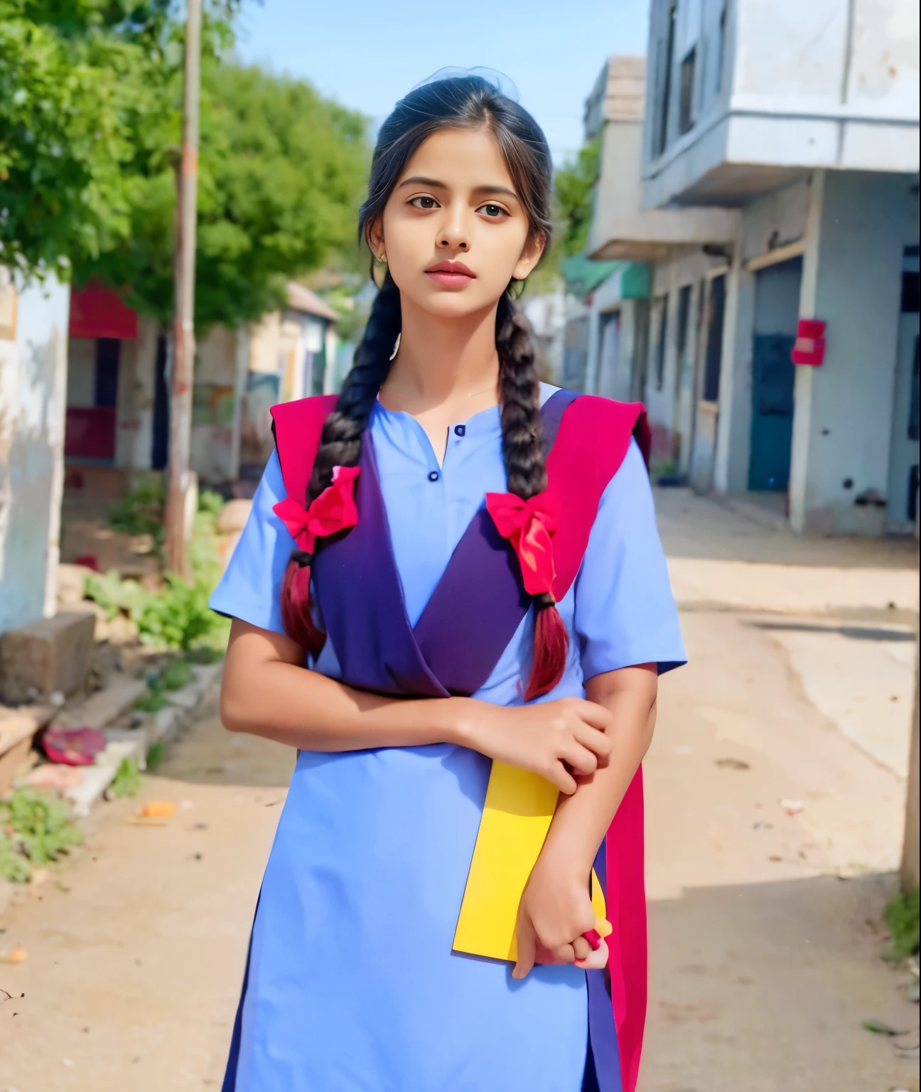 Raw photo , 1 girl  ,Wearing  salwar kameez uniform, red color ,  teen school girl, with plait , professional photographer, (hdr:1.4), masterpiece, ultra-realistic 8k, perfect artwork, intrincate details, cute face, award winning photograph, (Best quality, 8k, 32k, Masterpiece, UHD:1.3) 