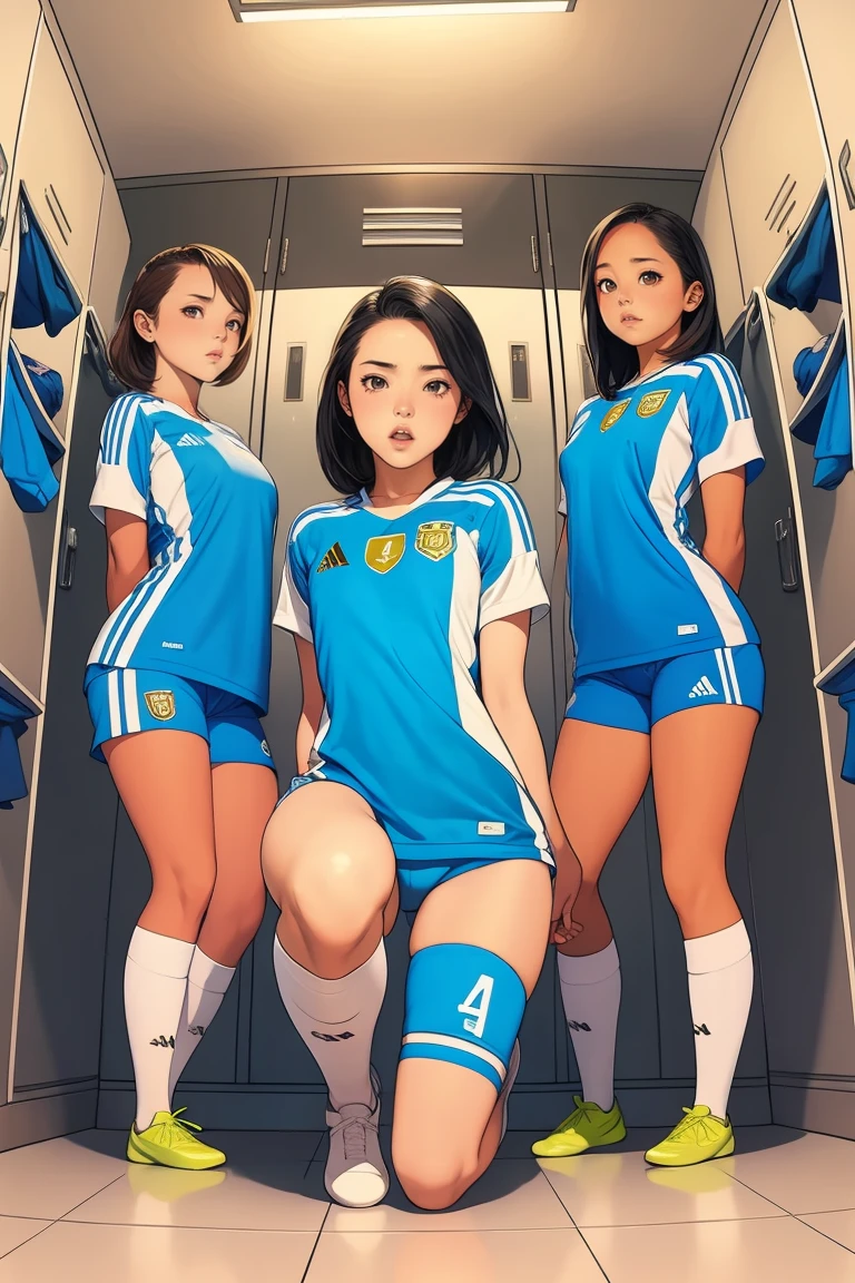 Group of girls, in locker room, Soccer uniform, fullbody shot, undressing, on their knees, hands on floor, mouths open, tongues out