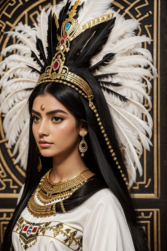 animated aztec princess, long black hair, embroidered white dress, feathers on his head,with gold jewelry