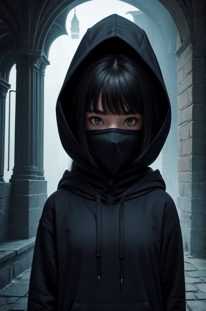 A mysterious girl wearing a hoodie, her face is hidden in a mask and the background is dark and creepy castle