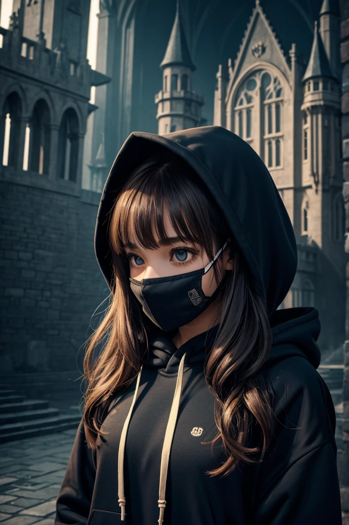 A mysterious girl wearing a hoodie, her face is hidden in a mask and the background is dark and creepy castle